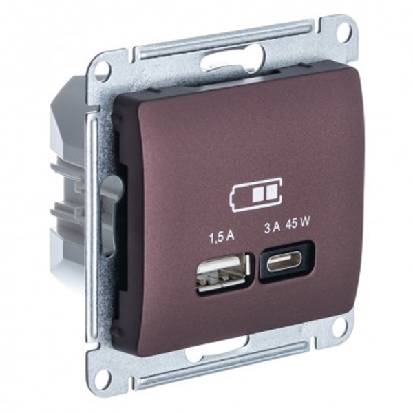 Зарядка USB тип А + тип С 45W высокоскоростная зарядка QC, PD,SE Glossa, баклажановый