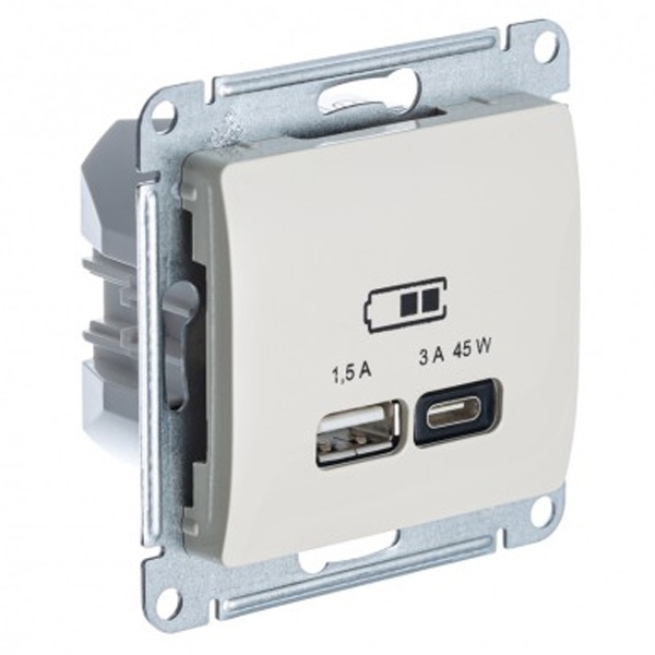 Зарядка USB тип А + тип С 45W высокоскоростная зарядка QC, PD,SE Glossa, молочный
