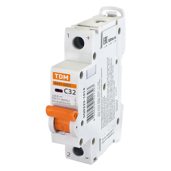 Автоматический выключатель постоянного тока ВА47-60DC 1P 32А 6кА характеристика С 220В TDM (автомат электрический)