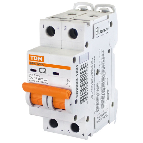 Автоматический выключатель постоянного тока ВА47-60DC 2P 2А 6кА характеристика С 440В TDM (автомат электрический)