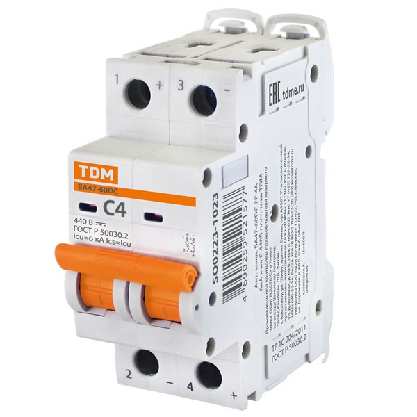 Автоматический выключатель постоянного тока ВА47-60DC 2P 4А 6кА характеристика С 440В TDM (автомат электрический)