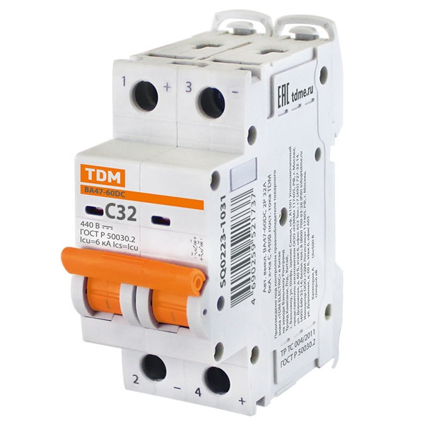 Автоматический выключатель постоянного тока ВА47-60DC 2P 32А 6кА характеристика С 440В TDM (автомат электрический)