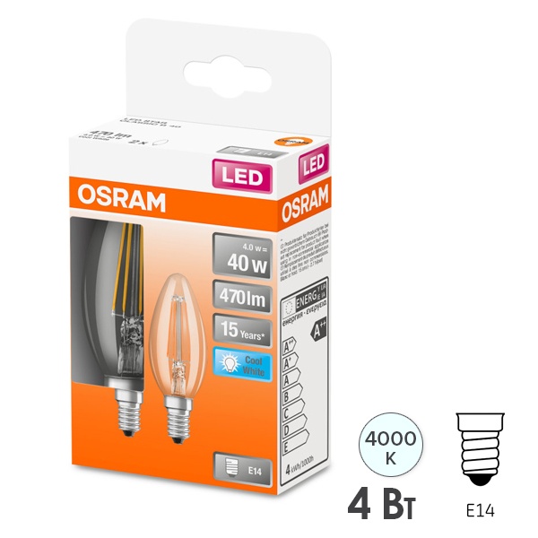 Лампа филаментная свеча Osram LED S CL B 40 4W/840 230V E14 упаковка 2шт.