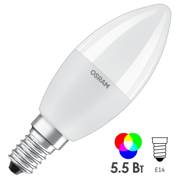 Светодиодная лампа свеча Osram LED S CL B 40 REM 5,5W/827 RGBW 230V FR E14 с ИК-пультом