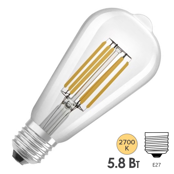 Лампа филаментная капля Osram LSSP EDISON 60 5,8W/927 230V DIM E27 прозрачная