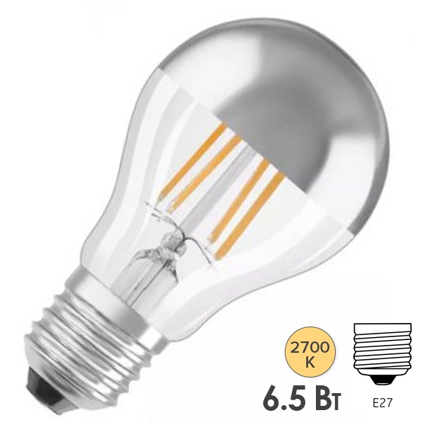 Лампа светодиодная Osram CL A MIRROR S 6.5W/827 230V FIL DIM E27 650Lm d60x105mm Серебряное покрытие