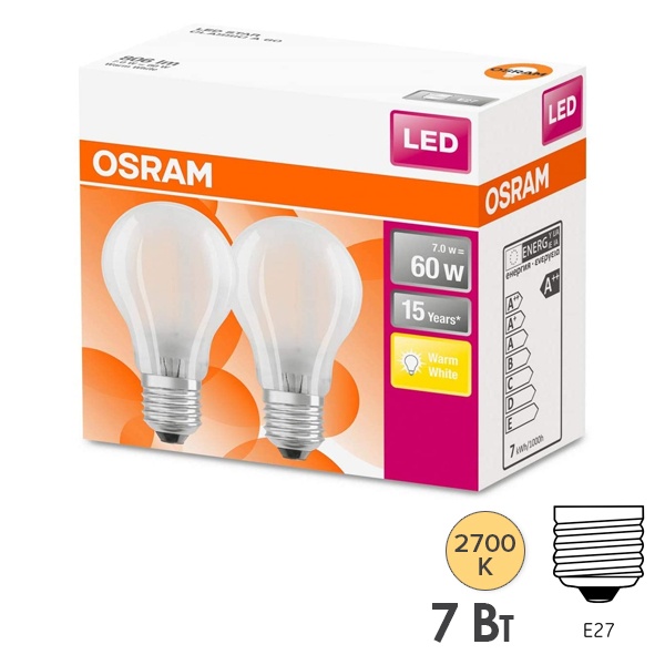Лампа филаментная Osram LED S CL A 7W/827 (60W) FR 230V GL E27 упаковка 2шт.