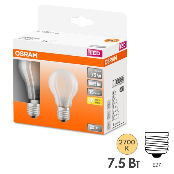 Лампа филаментная Osram LED S CL A 7,5W/827 (75W) FR 230V GL E27 упаковка 2шт.