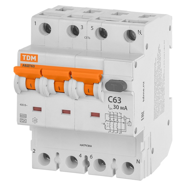 Дифференциальный автомат 4П(3П+Н) C63А 30мА тип А трехфазный электронный 6кА АВДТ63 TDM (дифавтомат, АВДТ)