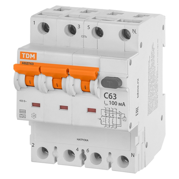 Дифференциальный автомат 4П(3П+Н) C63А 100мА тип А трехфазный электронный 6кА АВДТ63 TDM (дифавтомат, АВДТ)