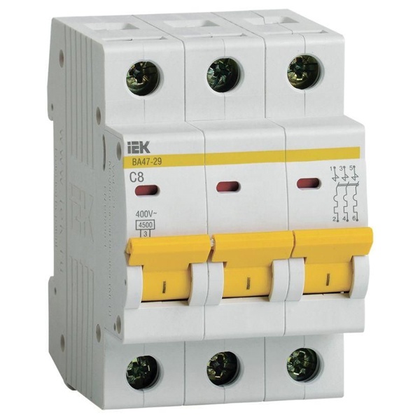 Автоматический выключатель ВА47-29 3Р 8А 4,5кА характеристика С ИЭК (автомат электрический)