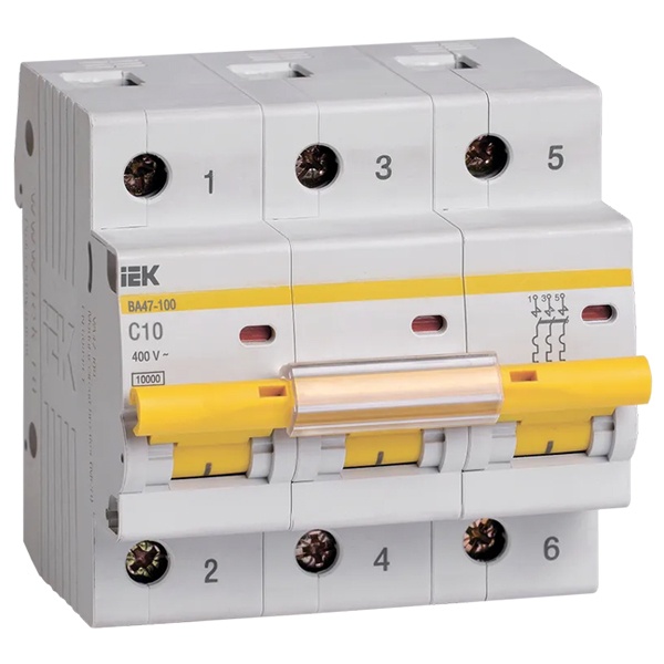 Автоматический выключатель ВА 47-100 3Р 10А 10 кА характеристика С ИЭК (автомат электрический)