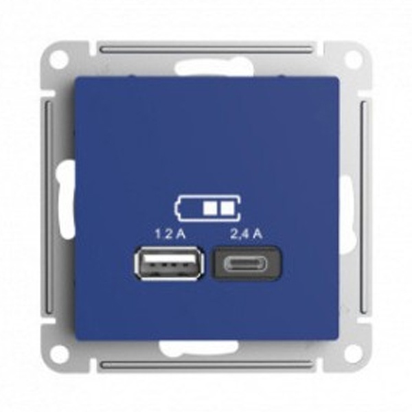 Зарядное устройство USB тип A+С 5В/2,4 А 2х5В/1,2 А, SE AtlasDesign, аквамарин