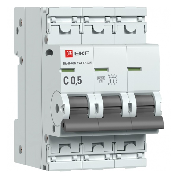 Автоматический выключатель 3P 0,5А (C) 6кА ВА 47-63N EKF PROxima (автомат электрический)