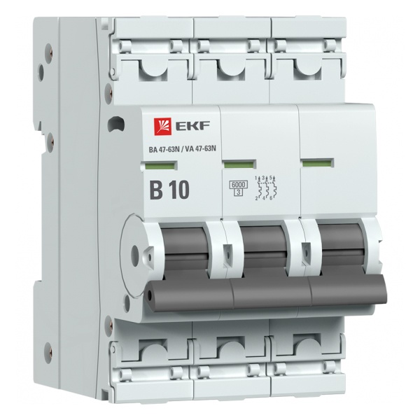 Автоматический выключатель 3P 10А (B) 6кА ВА 47-63N EKF PROxima (автомат электрический)