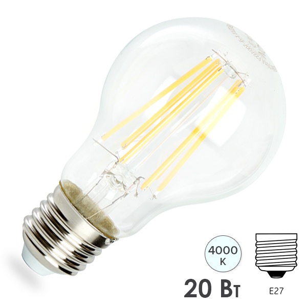 Лампа филаментная Feron LB-620 A60 20W 4000K 230V E27 1800Lm прозрачная