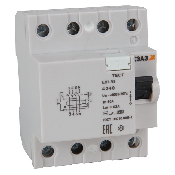 Выключатель дифференциального тока (УЗО) ВД1-63-4225-АС УХЛ4 4Р 25А 30мА тип AC электронный КЭАЗ