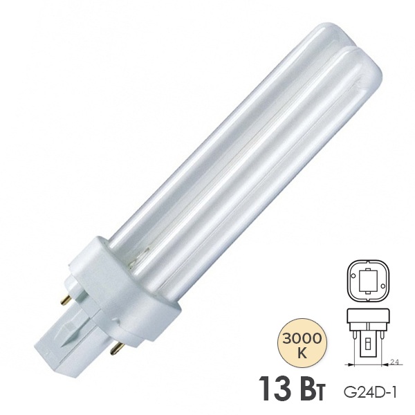 Лампа компактная люминесцентная Dulux D 13W/830 3000K G24d-1 тепло-белая Osram