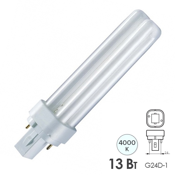 Лампа компактная люминесцентная Dulux D 13W/840 4000K G24d-1 холодно-белая Osram