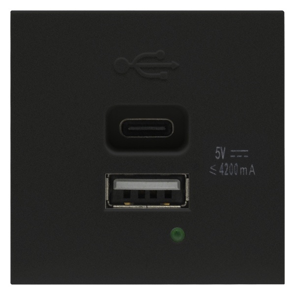 USB зарядное устройство 4.2A 20Вт Type A + C 2 модуля (45х45мм) Donel матовый черный