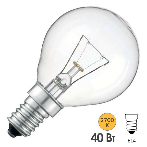 Лампа накаливания шарик 40W 230V E14 390lm прозрачная (ДШ230-40-3) d36x97mm Foton