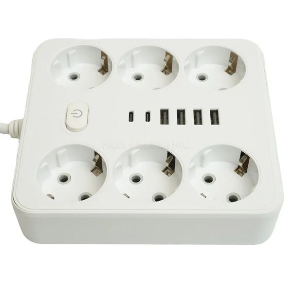 Удлинитель Stekker Home plus HM09-66-02 6х2P+E 10A 2500Вт 4USB A+2C 5V 2,4A 3x1мм2 2.5 м белый