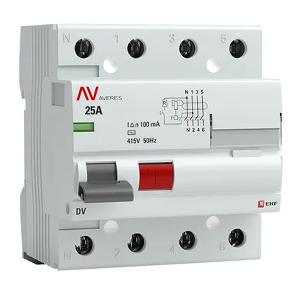 Устройство защитного отключения УЗО EKF AVERES DV 4P 25А 100мА (электромеханическое) АС (ВДТ)