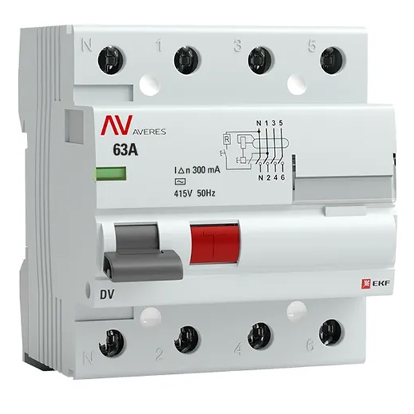 Устройство защитного отключения УЗО EKF AVERES DV 4P 63А 300мА (электромеханическое) АС (ВДТ)
