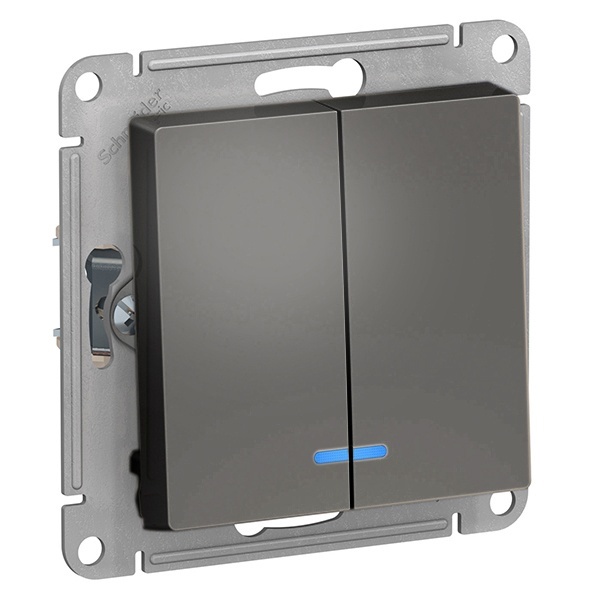 Двухклавишный выключатель с подсветкой SE AtlasDesign 10A быстрозажимные клеммы, сталь [уп 5 шт]