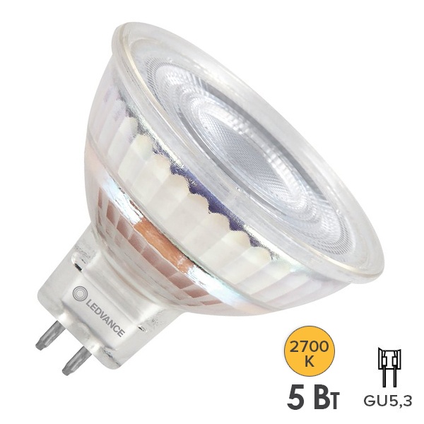 Лампа светодиодная Ledvance LED MR16 (35W) P 5W/927 12V GU5.3 36° DIM 345Lm теплый свет