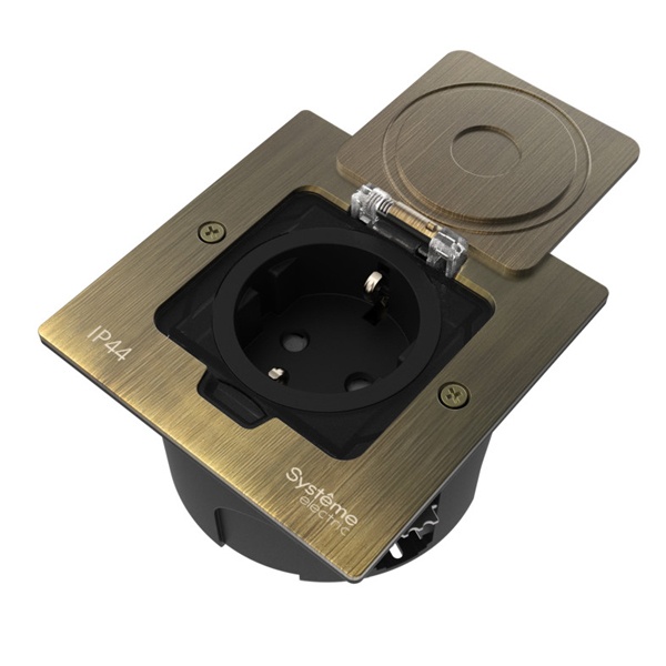 Лючок SE MultiDesk MDK21 с розеткой и монтажной коробкой в стену,фальшпол,стол античная латунь IP44