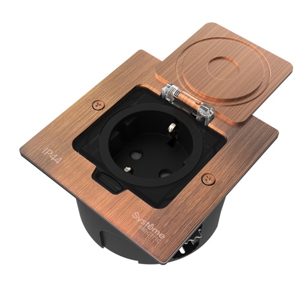 Лючок SE MultiDesk MDK21 с розеткой 2P+E и монтажной коробкой в стену,фальшпол,стол медь IP44