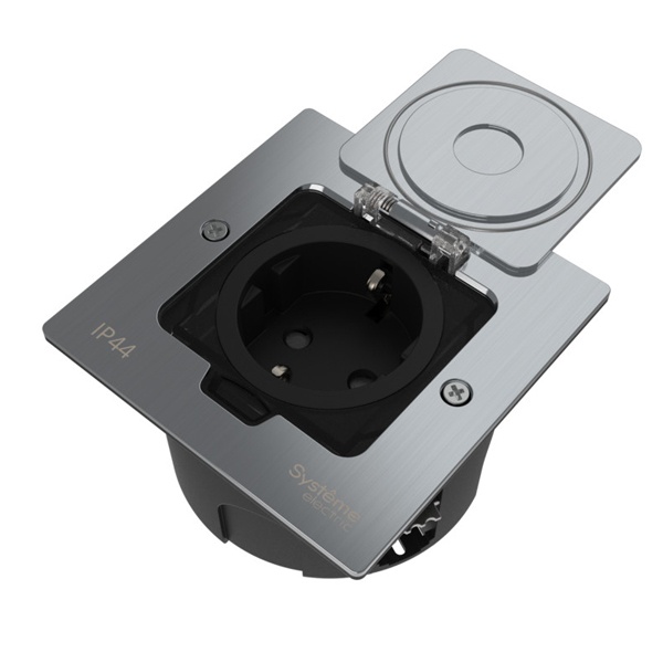 Лючок SE MultiDesk MDK21 с розеткой 2P+E и монтажной коробкой в стену,фальшпол,стол серебро IP44