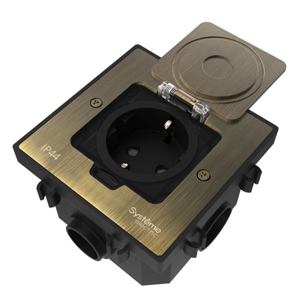 Лючок SE MultiDesk MDK21 с розеткой 2P+E и монтажной коробкой в бетонный пол античная латунь IP44