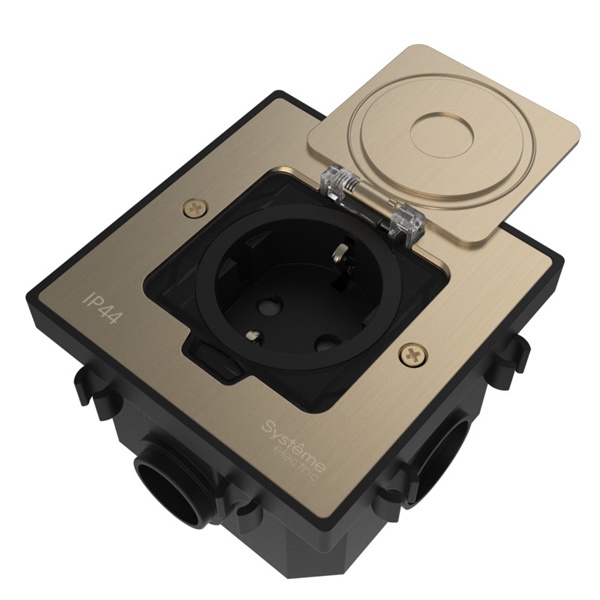Лючок SE MultiDesk MDK21 с розеткой 2P+E и монтажной коробкой в бетонный пол никель IP44