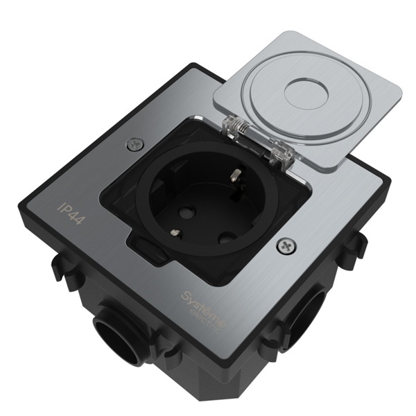 Лючок SE MultiDesk MDK21 с розеткой 2P+E и монтажной коробкой в бетонный пол серебро IP44
