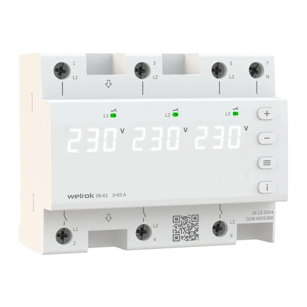 Реле контроля напряжения Welrok D6-50 3Ф 3х50А (max 3х60A) 3х11500ВА белый 6м