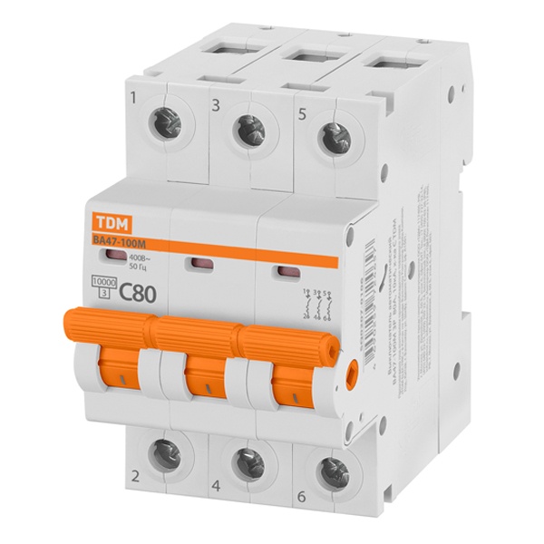 Выключатель автоматический TDM ВА47-100М 3Р  С80А 10кА 3 модуля