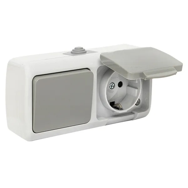 Блок розетка с заземлением и крышкой + одноклавишный выключатель EKF Мурманск IP54 серый