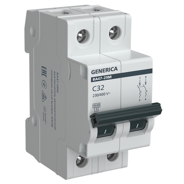 Автоматический выключатель Generica (ИЭК) ВА 47-29М 2Р 32А 4,5кА характеристика С (автомат электрический)