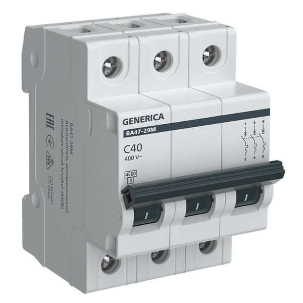 Автоматический выключатель Generica (ИЭК) ВА 47-29М 3Р 40А 4,5кА характеристика С (автомат электрический)