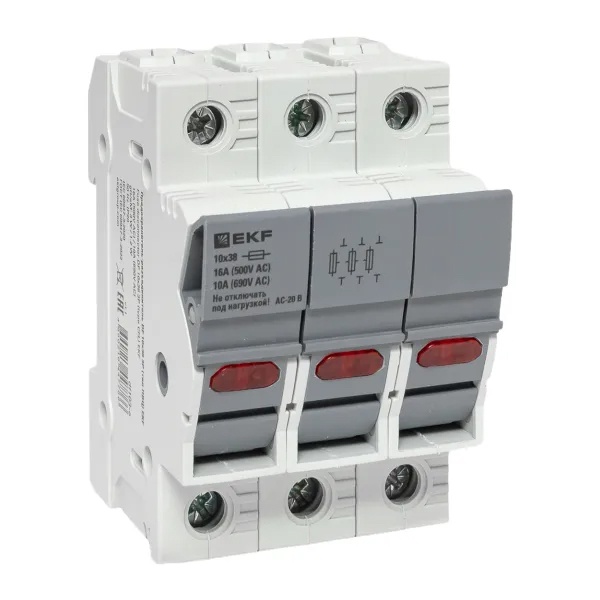 Предохранитель-разъединитель EKF DF 10х38 3П для плавких вставок типа ПВЦ с индикатором
