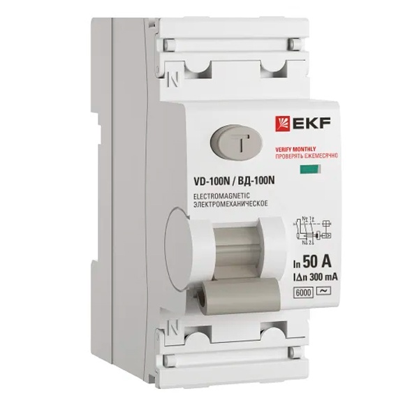 УЗО EKF PROxima ВД-100N 2П 50А 300мА тип AC 6кА (электромеханическое) (ВДТ)