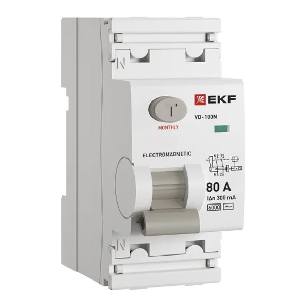 УЗО EKF PROxima ВД-100N 2П 80А 300мА тип AC 6кА (электромеханическое) (ВДТ)