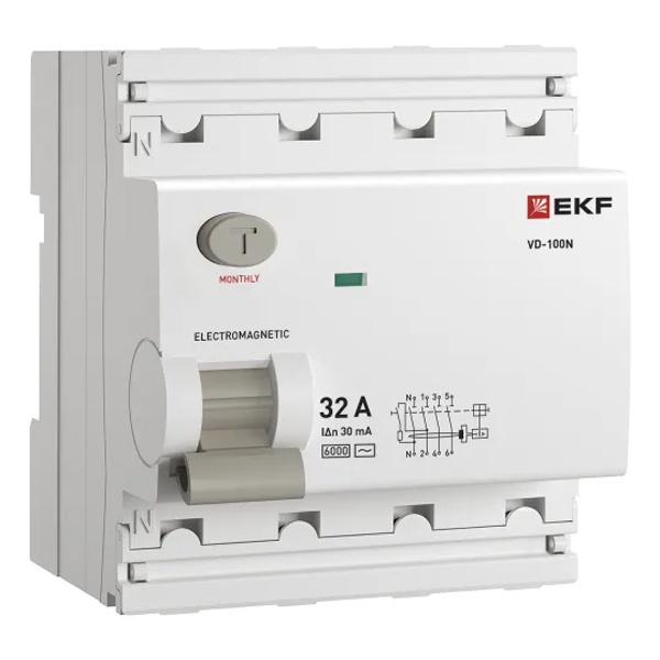 УЗО EKF PROxima ВД-100N 4П 32А 30мА тип AC 6кА (электромеханическое) (ВДТ)