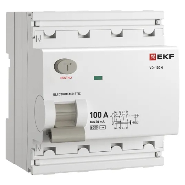 УЗО EKF PROxima ВД-100N 4П 100А 30мА тип AC 6кА (электромеханическое) (ВДТ)