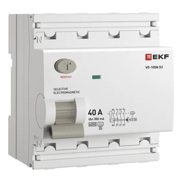 УЗО EKF PROxima ВД-100N (S) 4П 40А 300мА тип AC селективное 6кА (электромеханическое) (ВДТ)