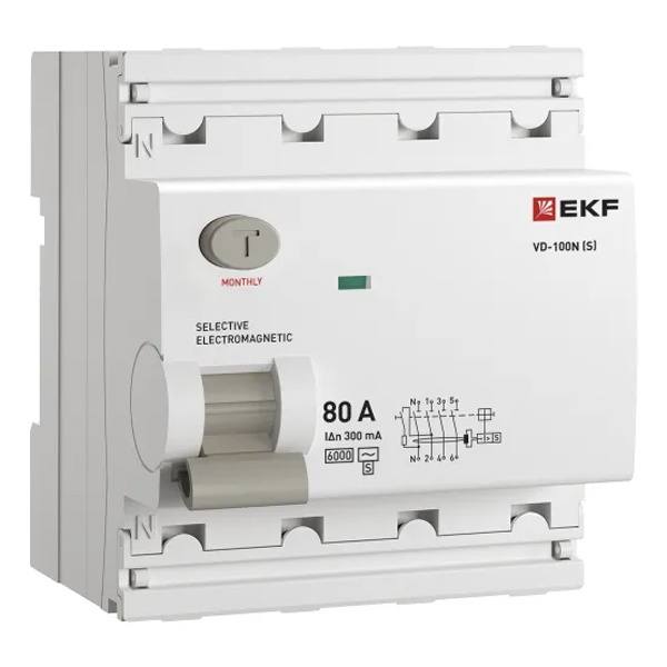 УЗО EKF PROxima ВД-100N (S) 4П 80А 300мА тип AC селективное 6кА (электромеханическое) (ВДТ)