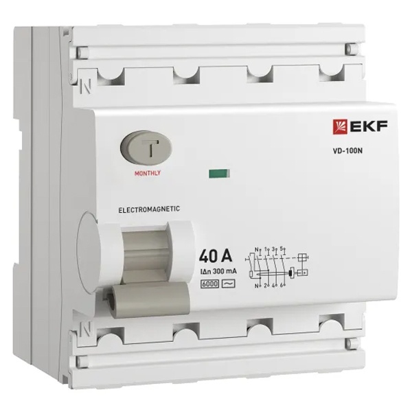УЗО EKF PROxima ВД-100N 4П 40А 300мА тип AC 6кА (электромеханическое) (ВДТ)