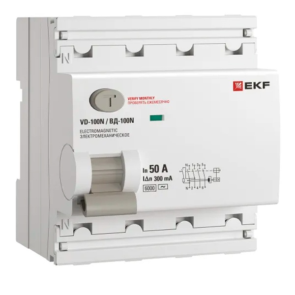 УЗО EKF PROxima ВД-100N 4П 50А 300мА тип AC 6кА (электромеханическое) (ВДТ)